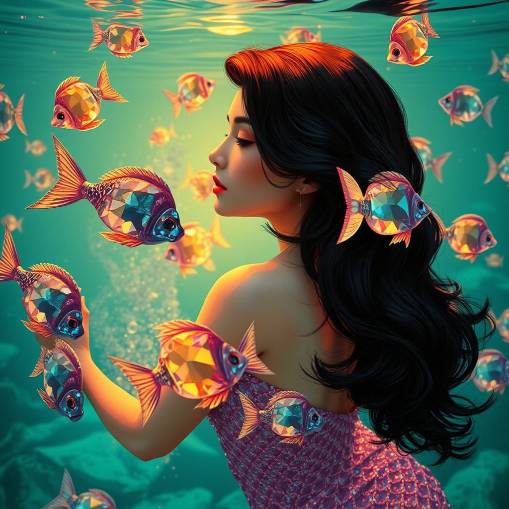 Mermaid in Lagoon with Gemstone Fish, 1980s Midcentury Style