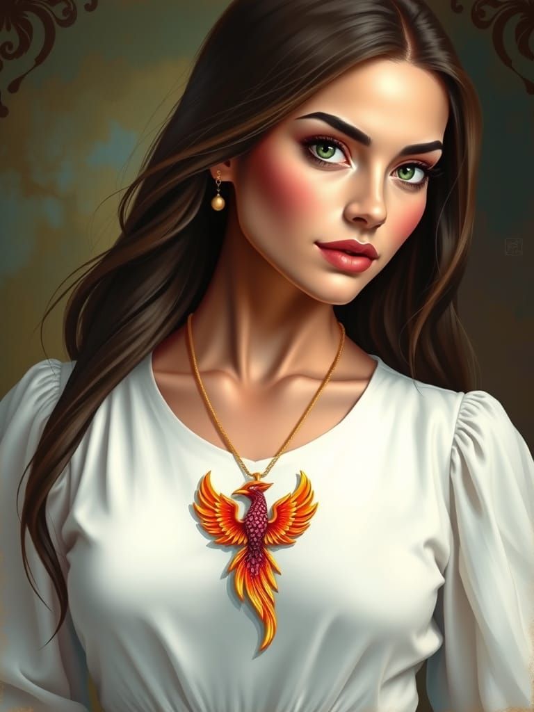 Exquisite Woman in White, Adorned with a Ruby Phoenix