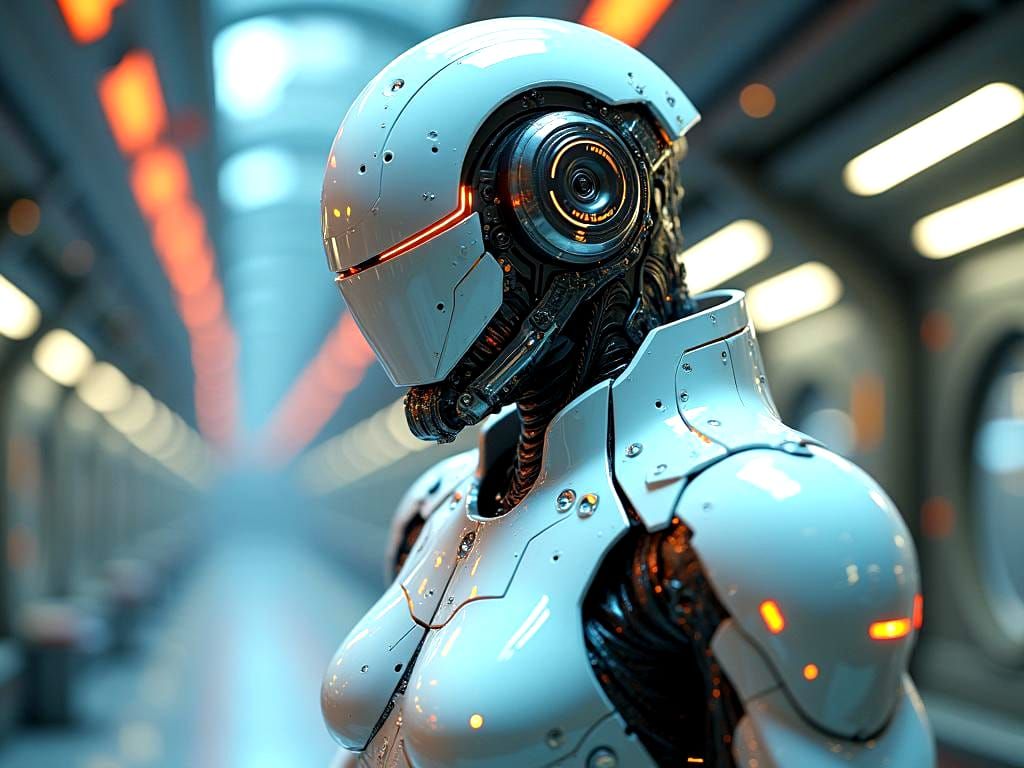 Sleek Cyborg in Spaceship with Neon Lights, 8K