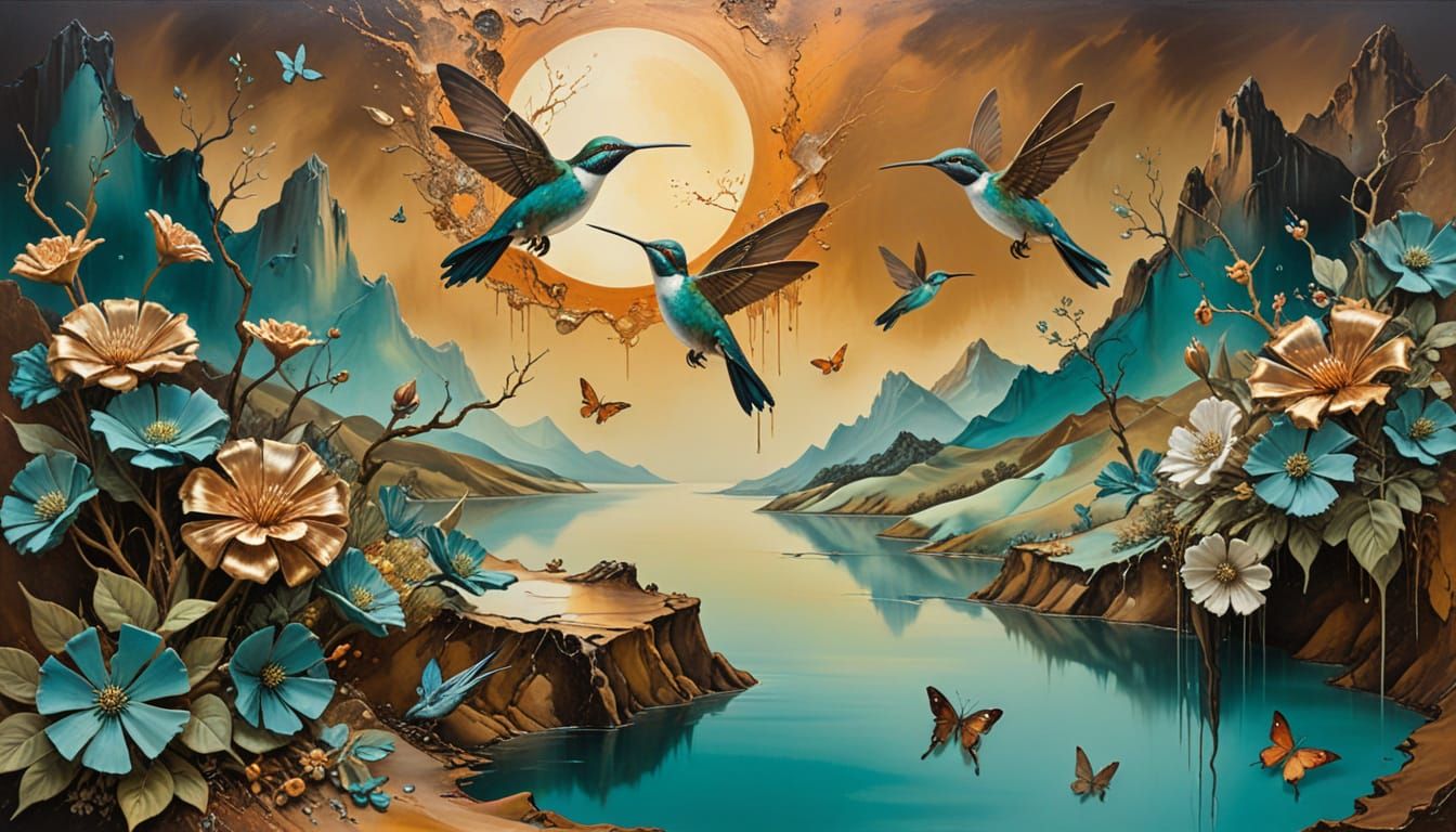 Metallic Hummingbirds and Butterflies Collage Art