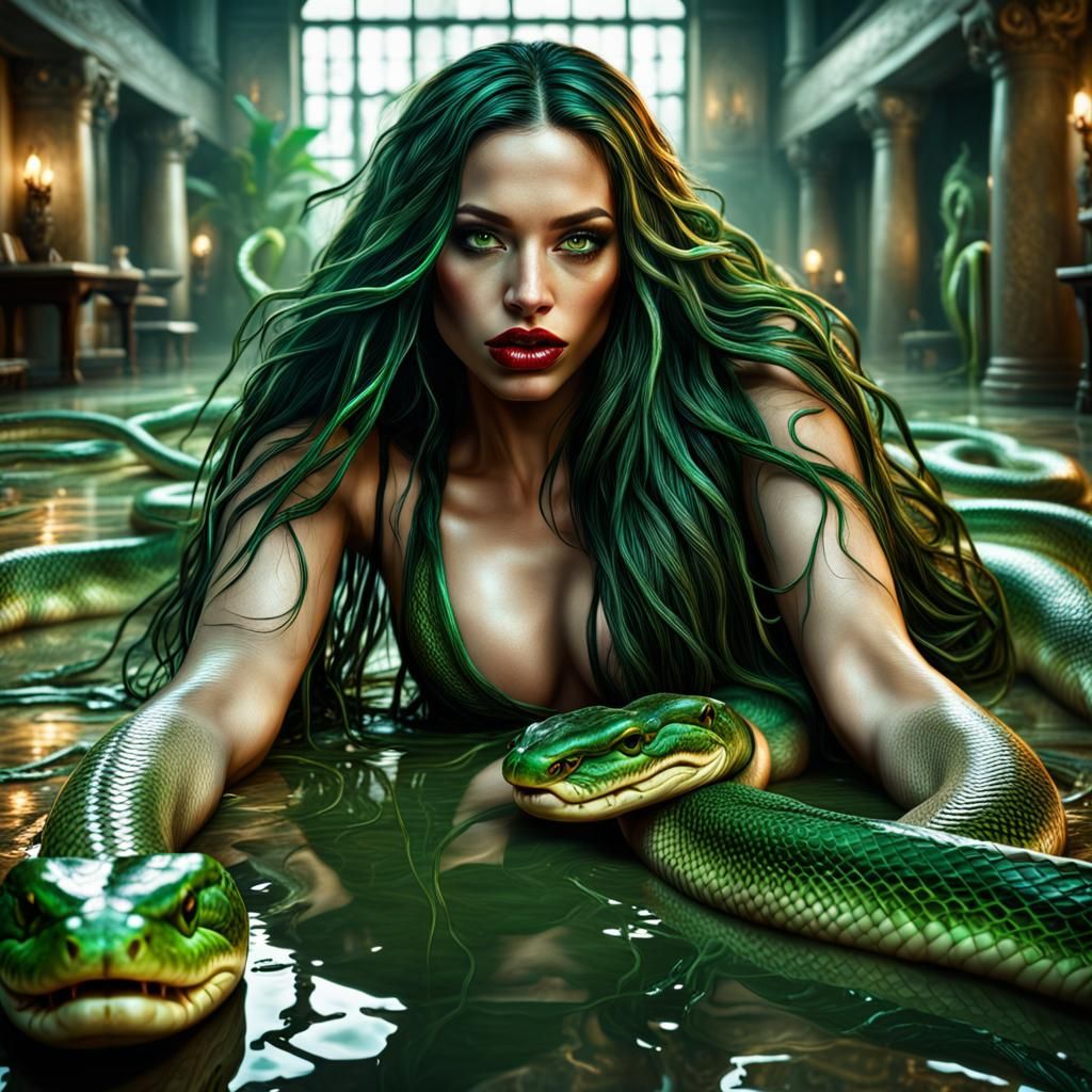 Hyperrealistic Woman with Snakes and Green Lips