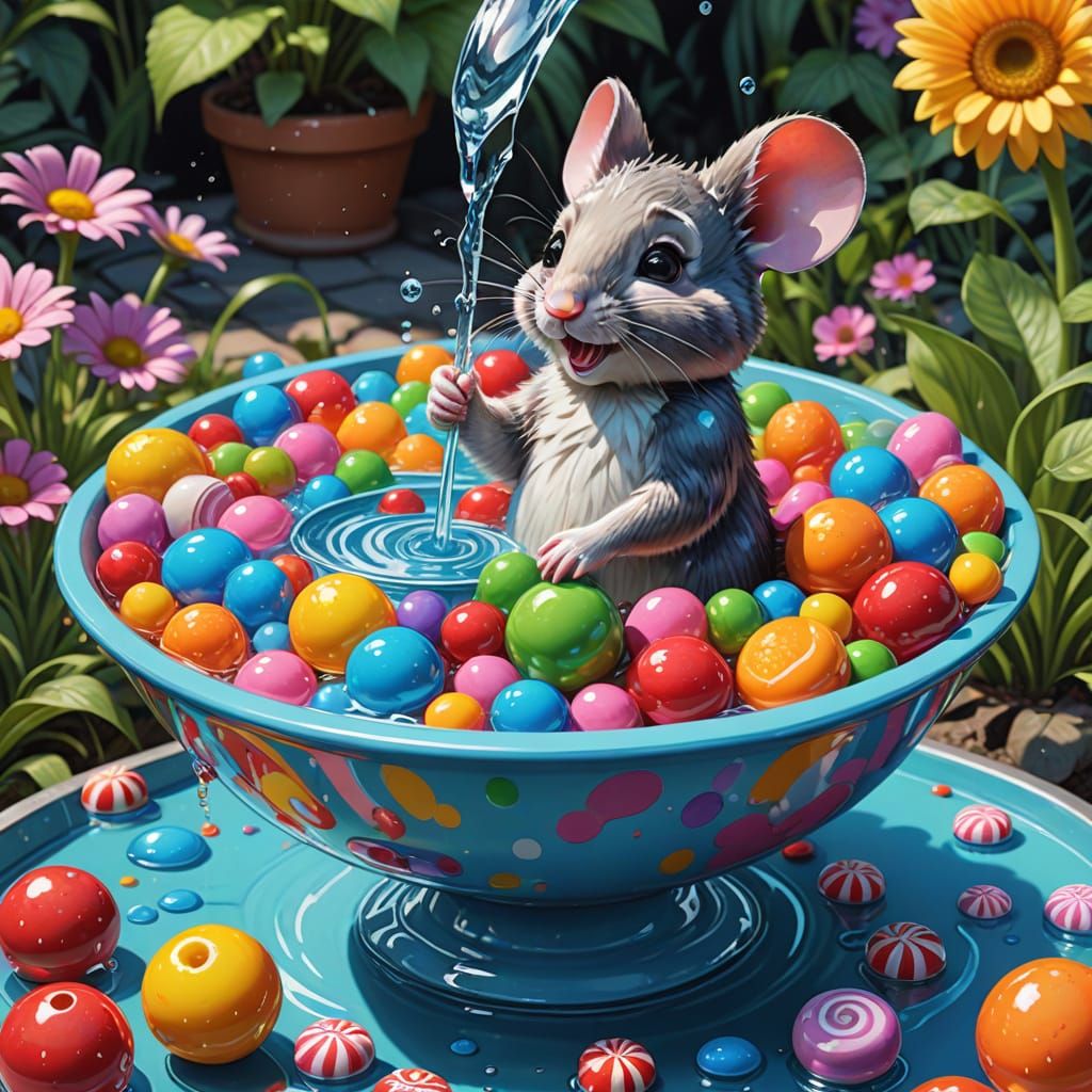 Whimsical Candyland Scene with Splashing Birds and Water