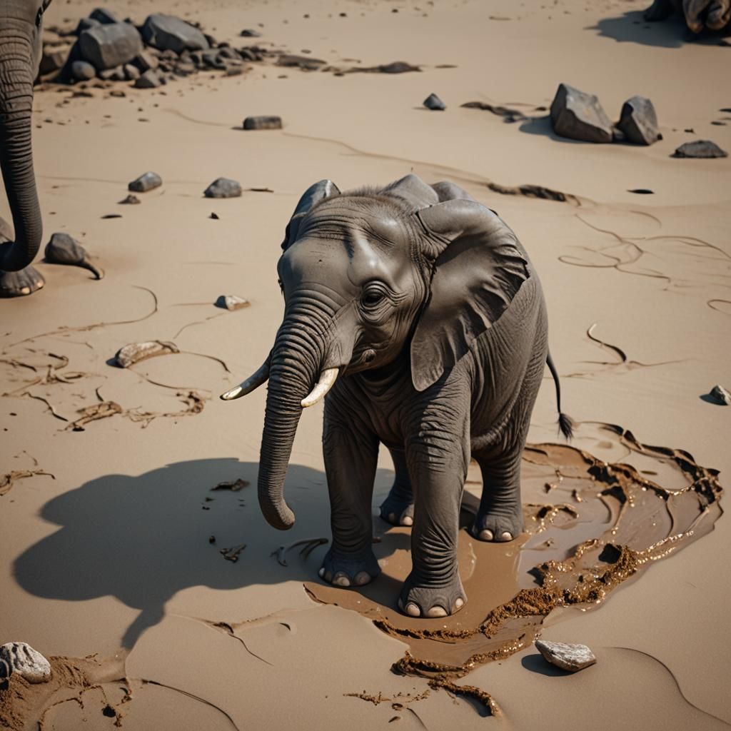 Baby Elephant on Beach: Detailed Fantasy Art