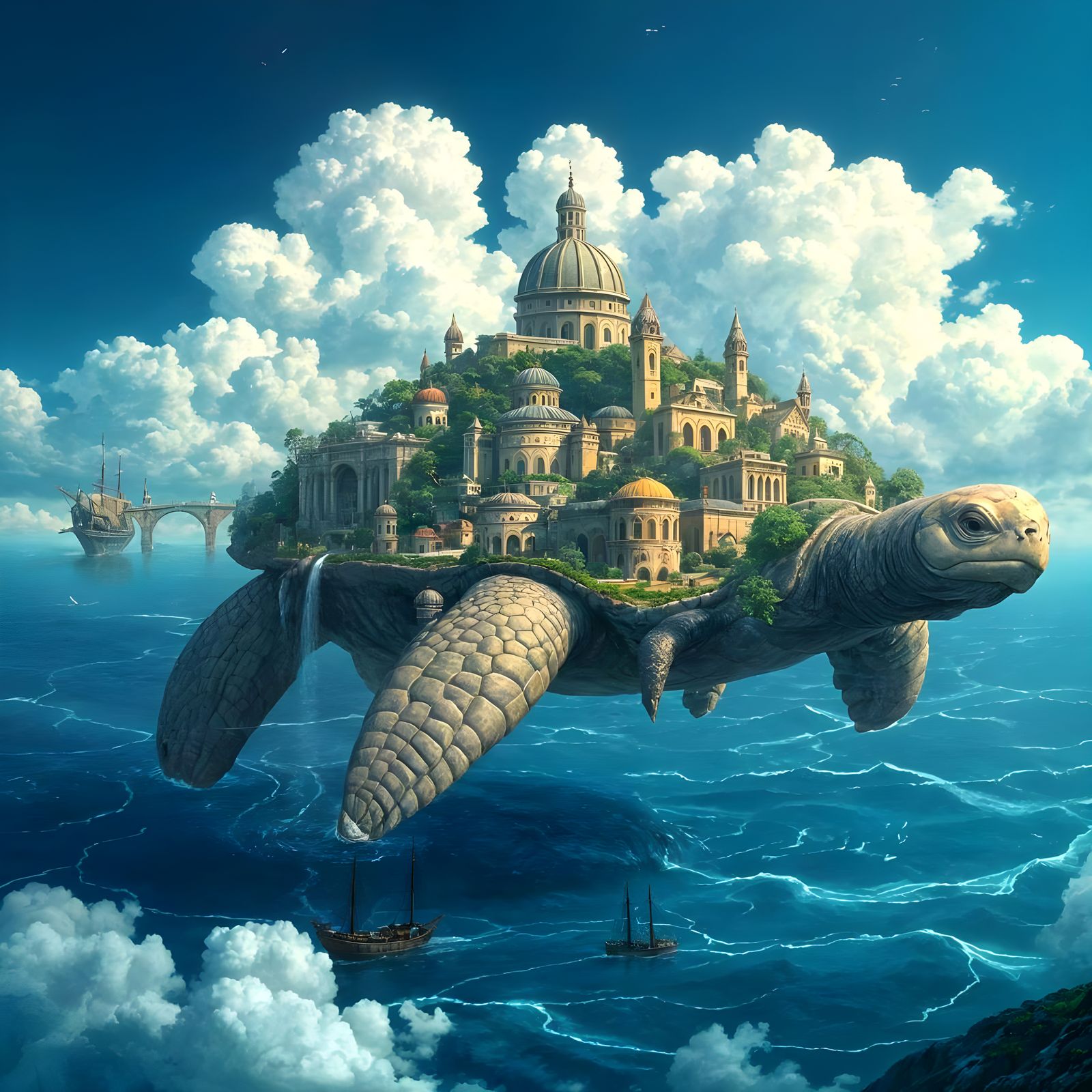 Fantastical Turtle City Floating Above Ocean