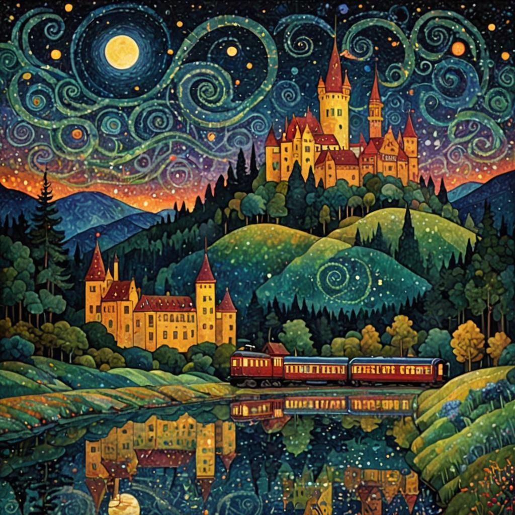 Pointillist Train and Castle in Starry Forest