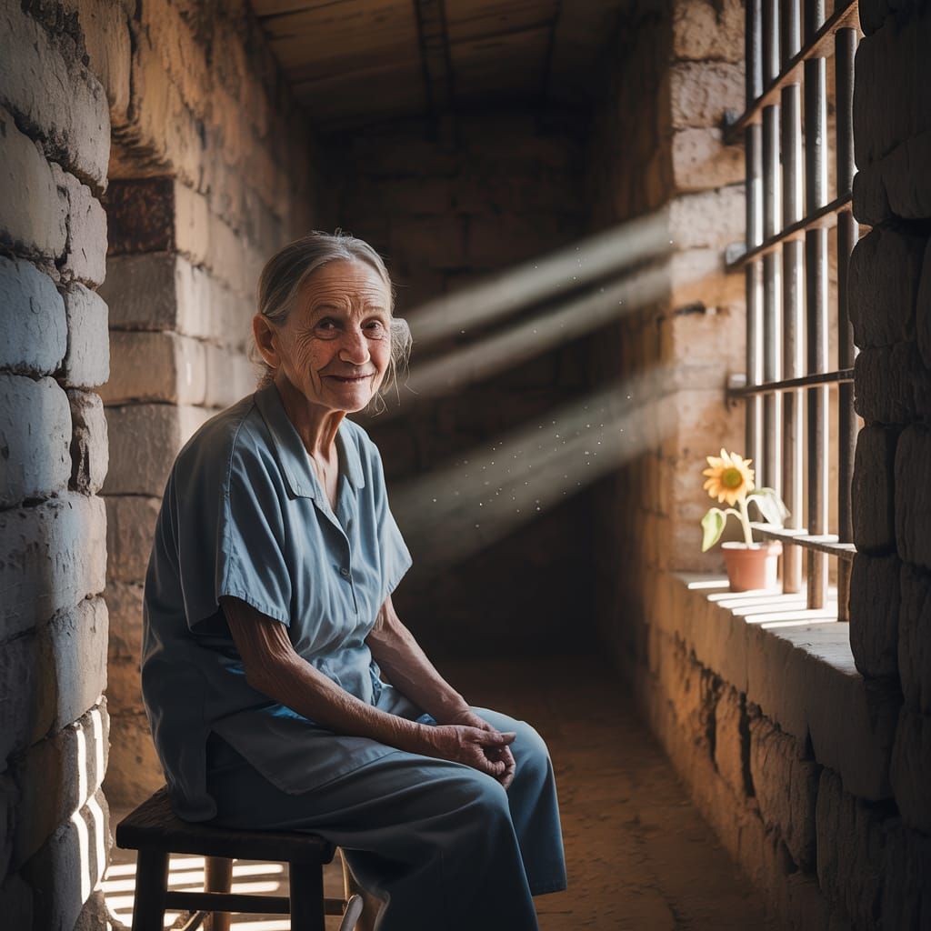 Elderly Woman's Contentment in Prison Cell