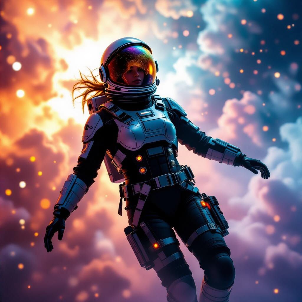 Astronaut in Futuristic Suit Amidst Nebula Cloud