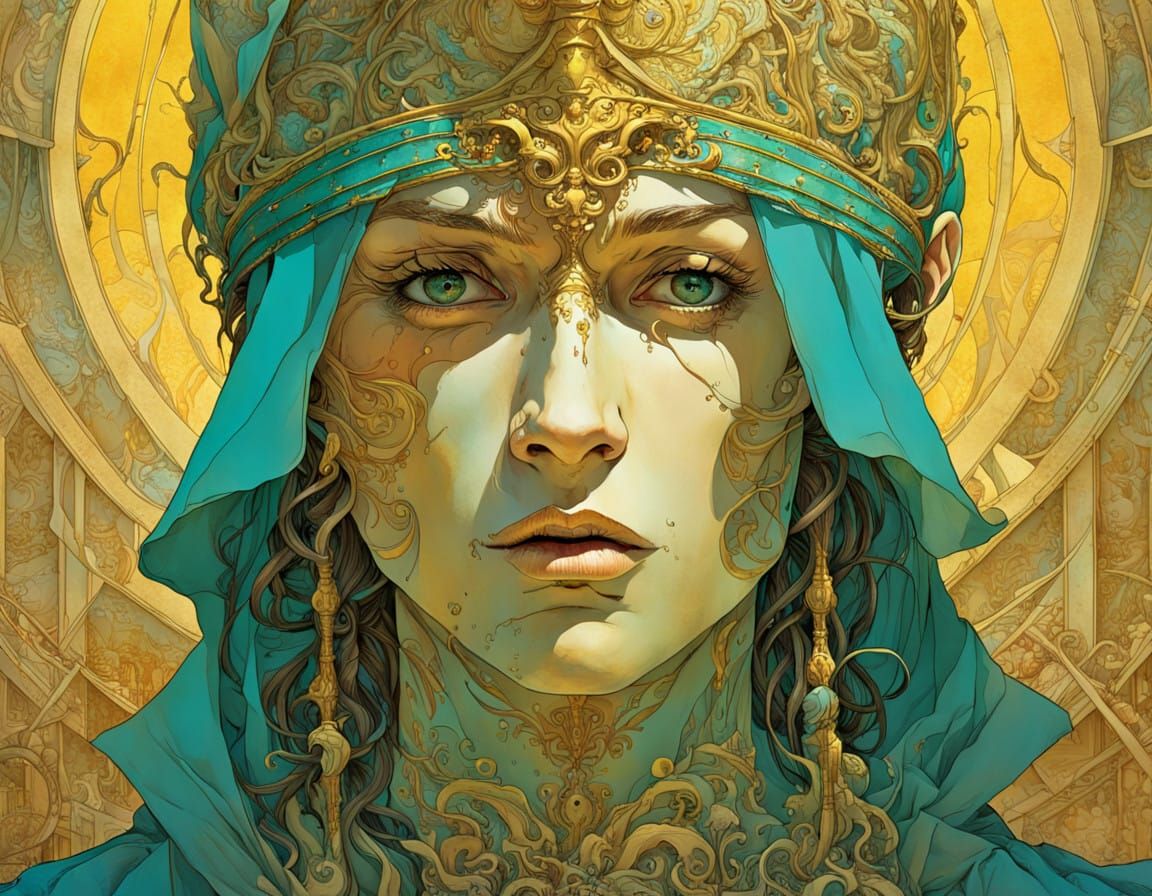 Glamorous Figure with Golden Brown Skin in a Dynamic Scene