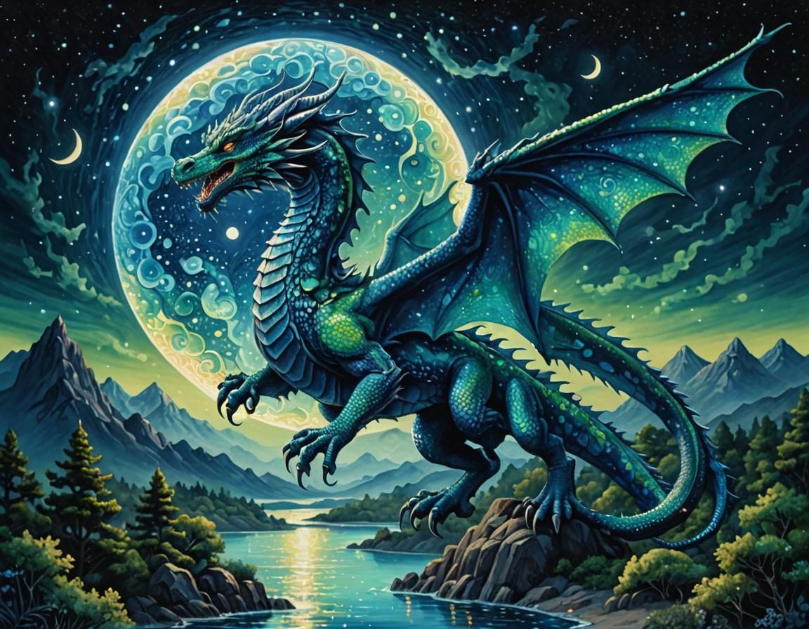 Blue Dragon Soaring Under Phosphorescent Moon in Pointillism