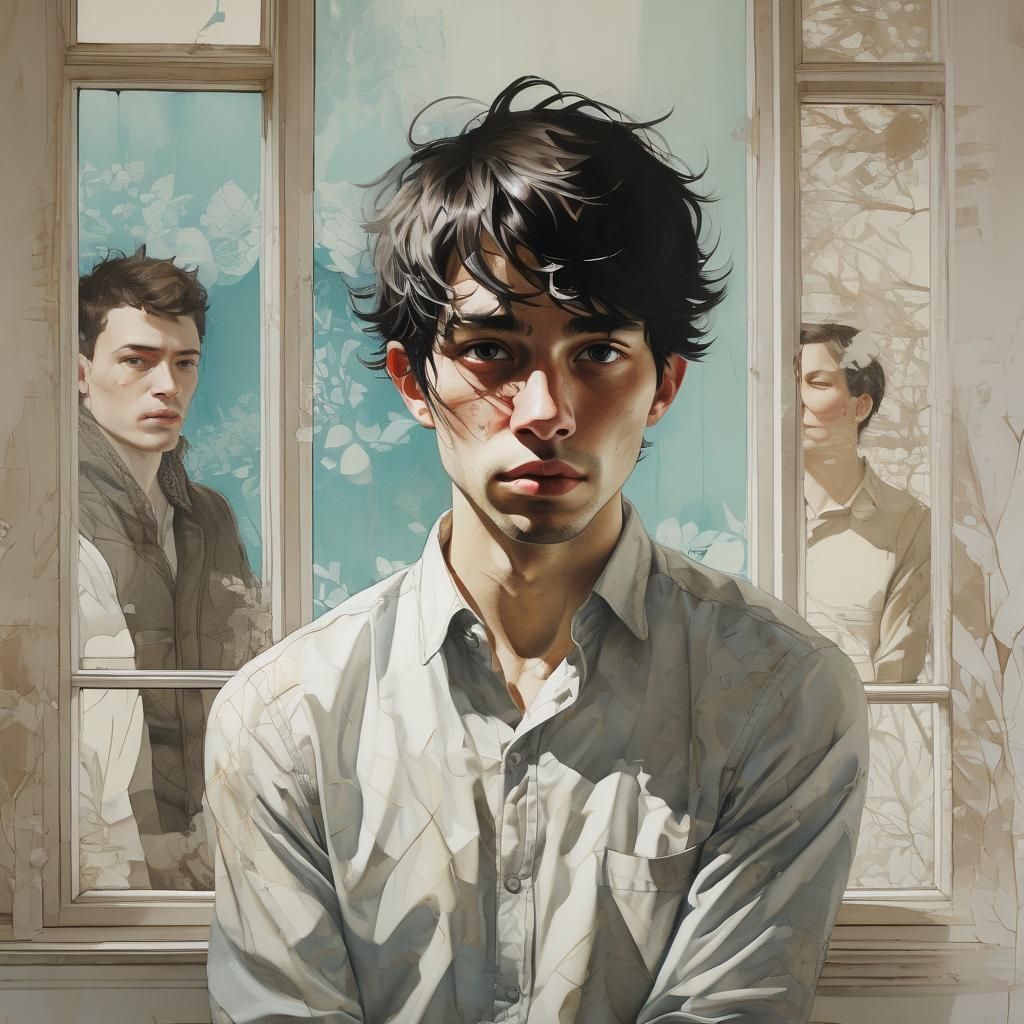 Pensive Young Man Portrait in Pencil and Ink Style