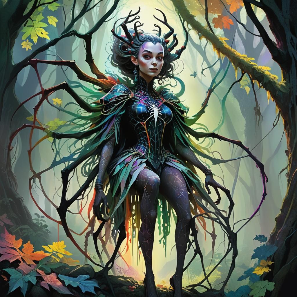 Spider Queen in Rainbow Forest, Greg Rutkowski Style