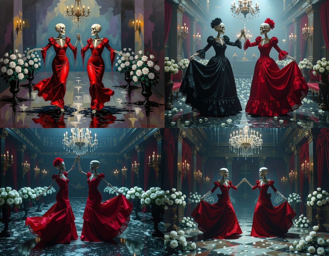 Skeletons Dance in Gloomy Ballroom Amidst Slime and Roses