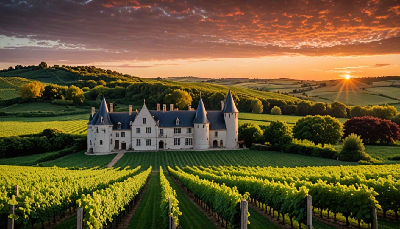 Burgundian Vineyard Sunset with Ancient Manor