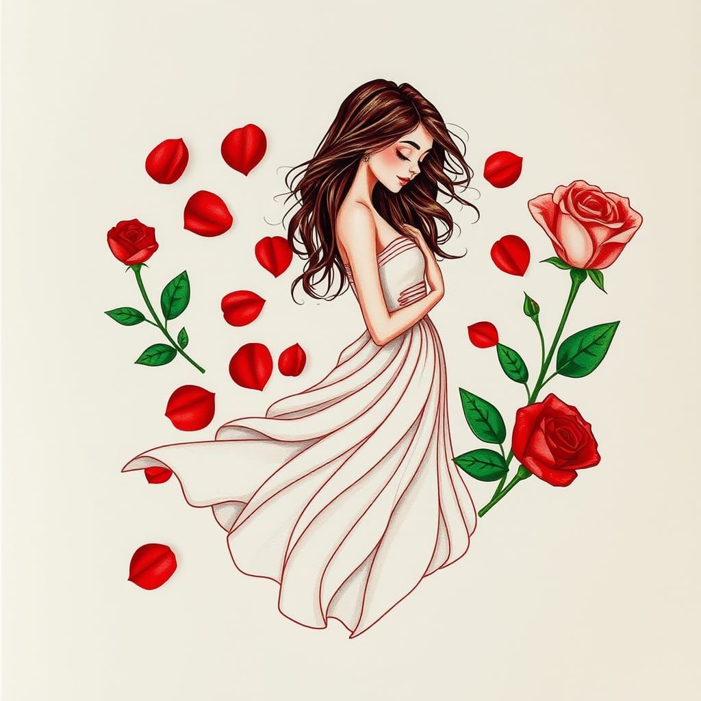 Whimsical Heart-Shaped Card with Elegant Woman and Roses