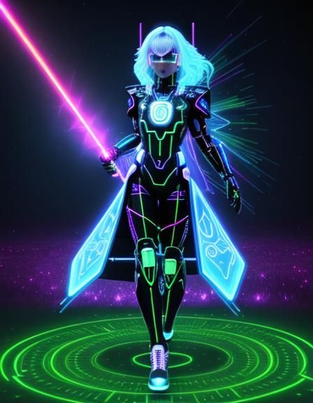 Neon Hologram Humanoid with Laser Weapon