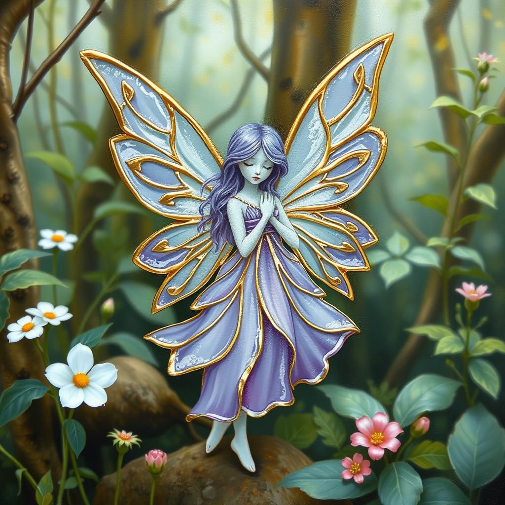 Enamelled Glass Fairy in Woodland Gouache Painting