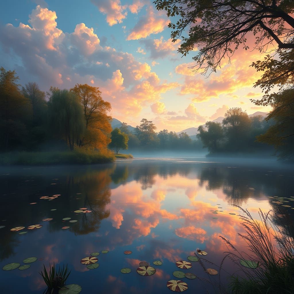 Serenely Reflective Landscape in Dreamy Impressionist Style