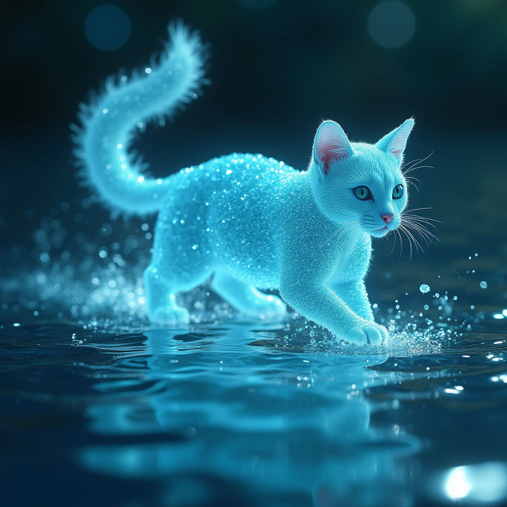 Glowing Water Cat Prancing on Moonlit Lake
