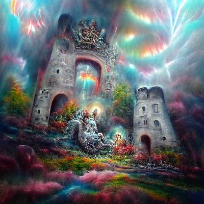 Medieval Castle Ruins Entrance to Hell in Doré Style