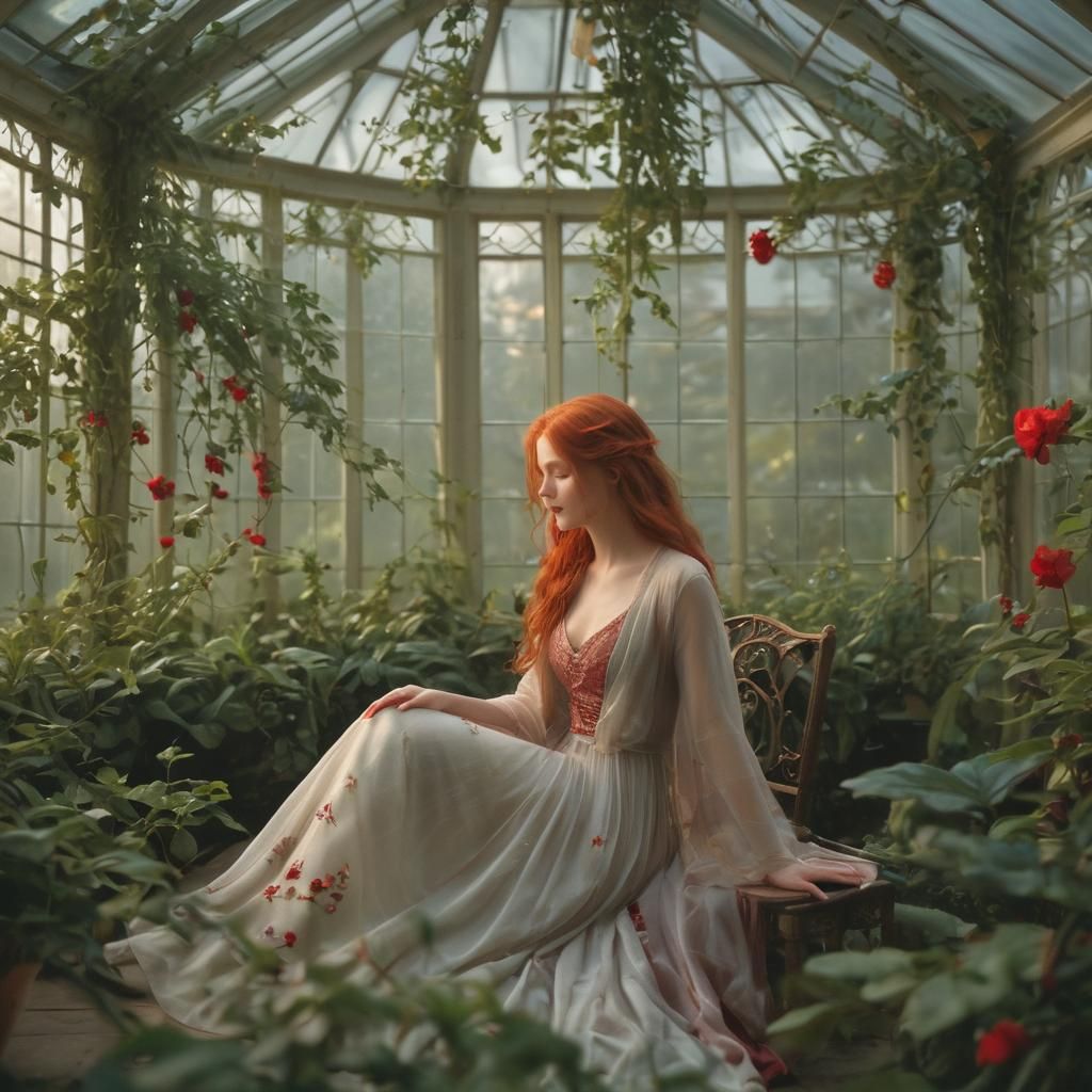 Enchanting Conservatory Scene with Red-Haired Woman
