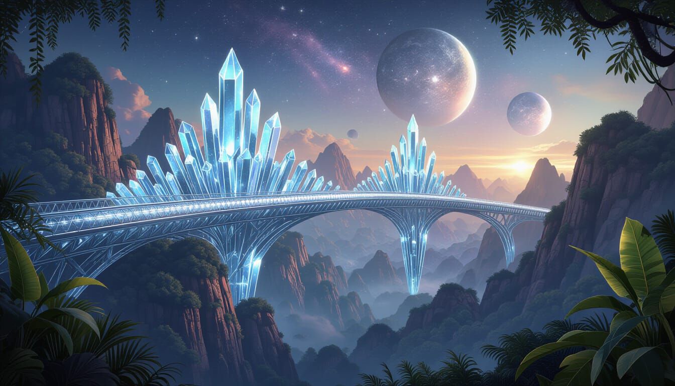 Crystal Bridge Over Cosmic Chasm in Digital Art Style