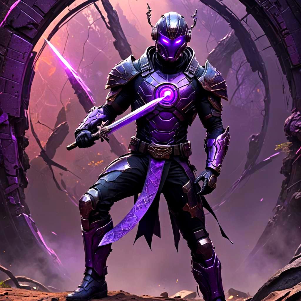 Cybernetic Superhero in Black and Purple Snake Suit