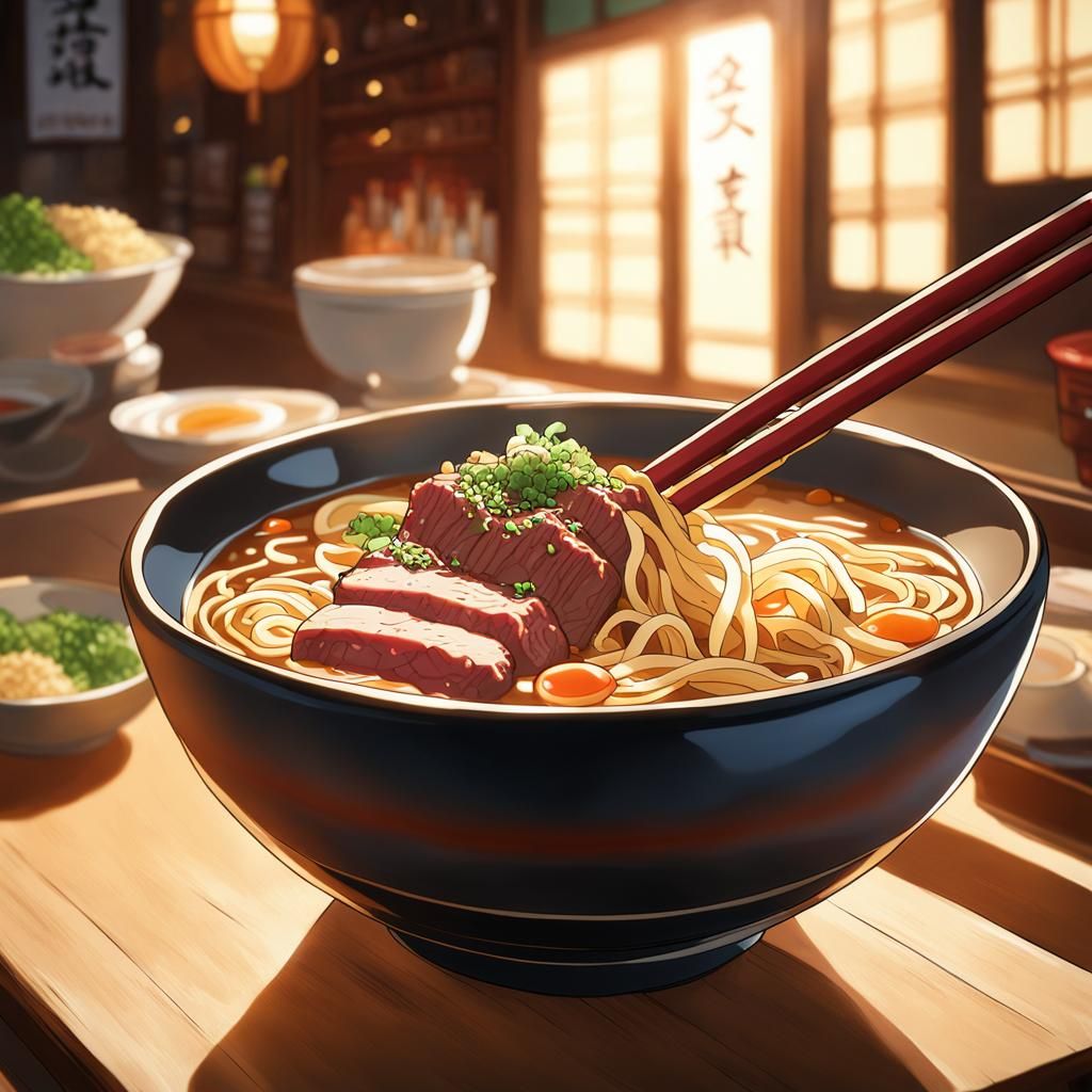 Beef Ramen Bowl in Ghibli Anime Style