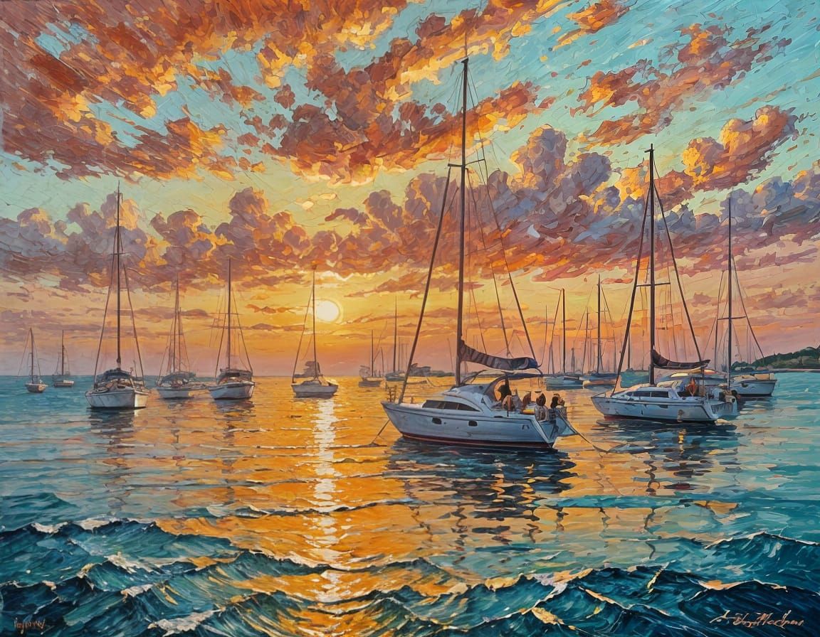 Impasto Sunset Painting with Yachts at Anchor