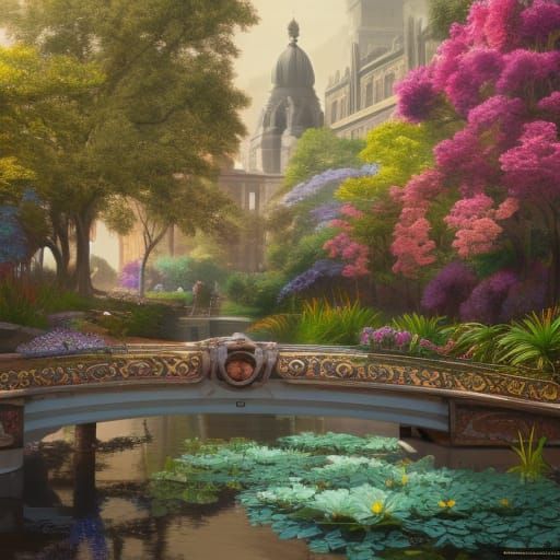 Art Deco Temples and Canal: A Digital Painting