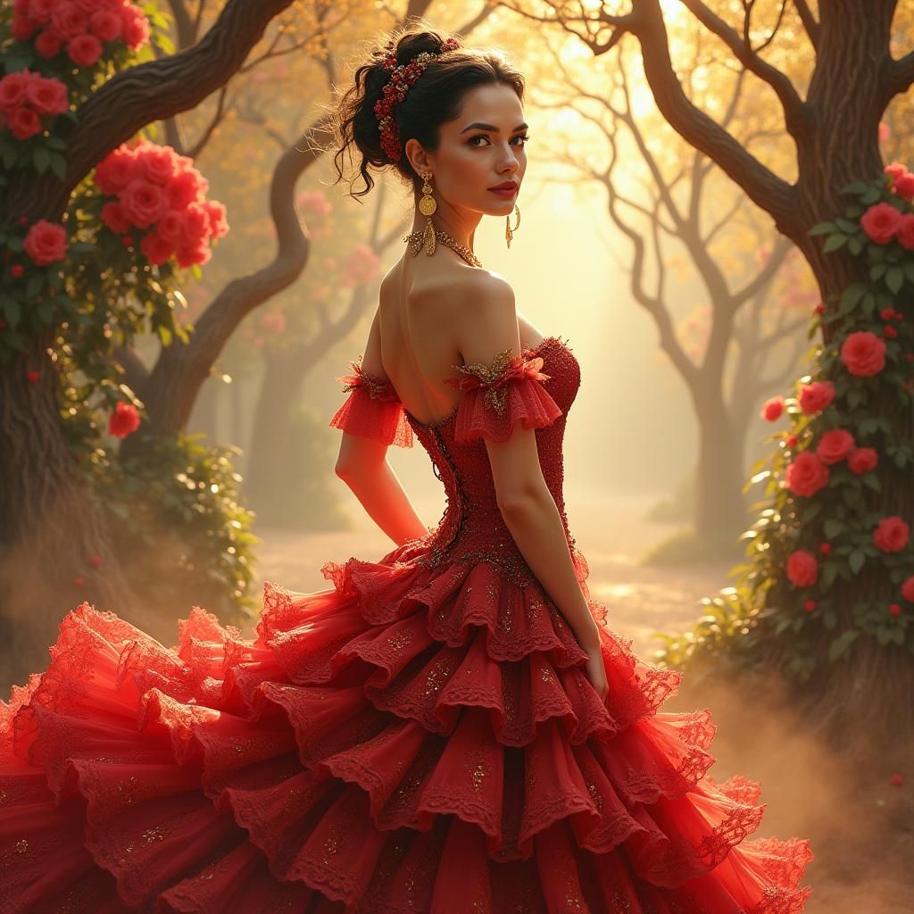 Flamenco Woman with Ethereal Blooms in Whimsical Style