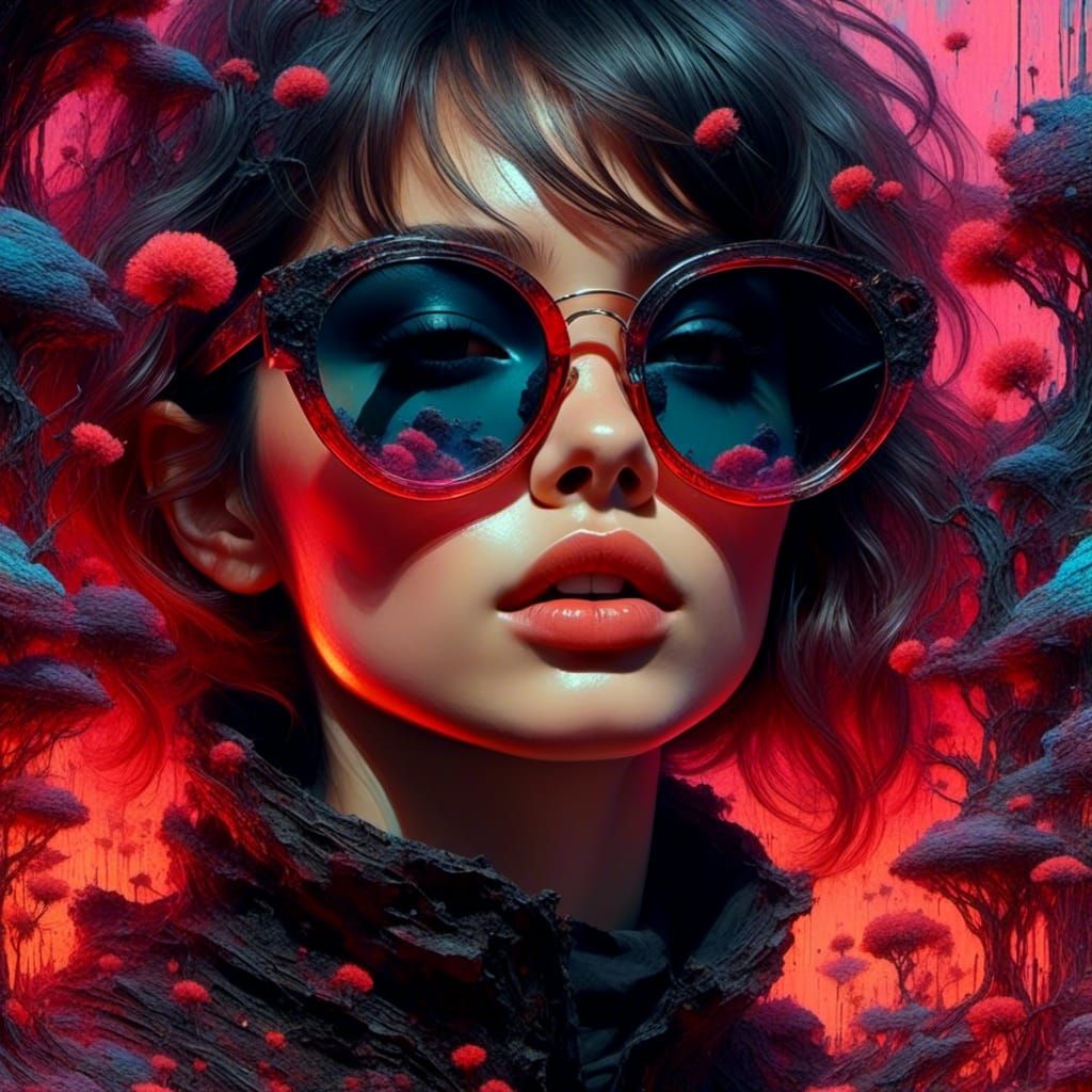 Vaporwave Girl in Double Exposure with Alien Sunset