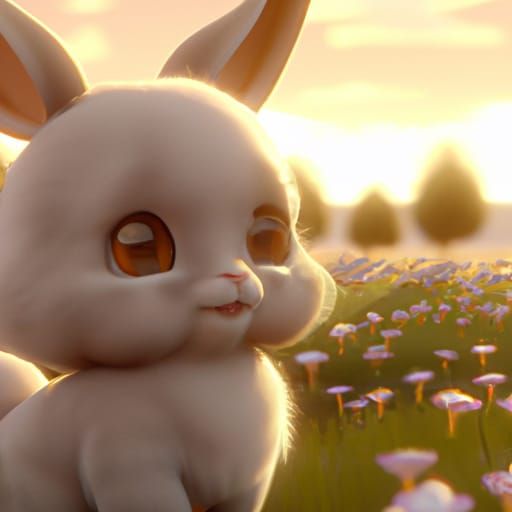 Cute Fluffy Bunny in Meadow: 3D CGI Render