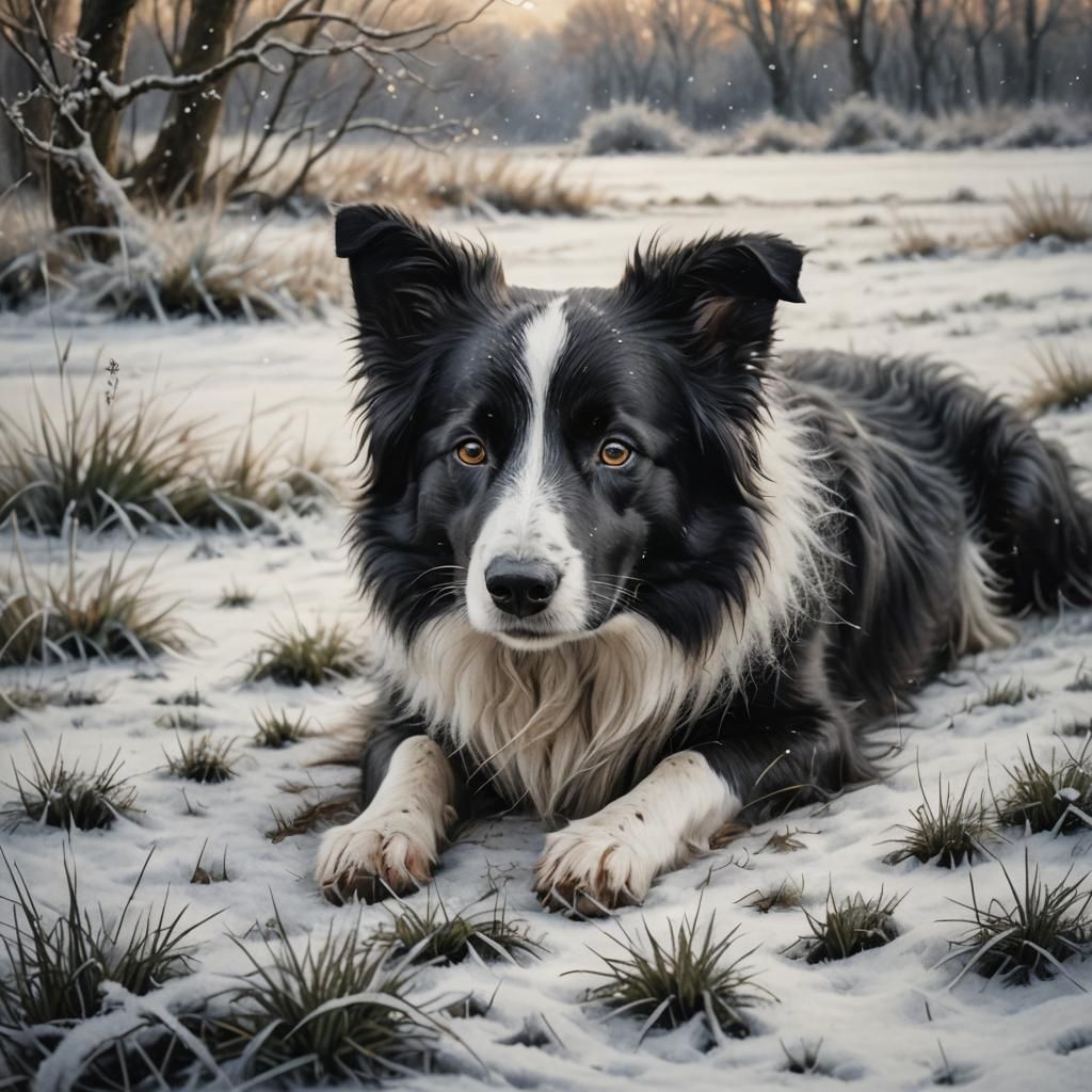 Border Collie in Winter: Hyperdetailed Charcoal Drawing