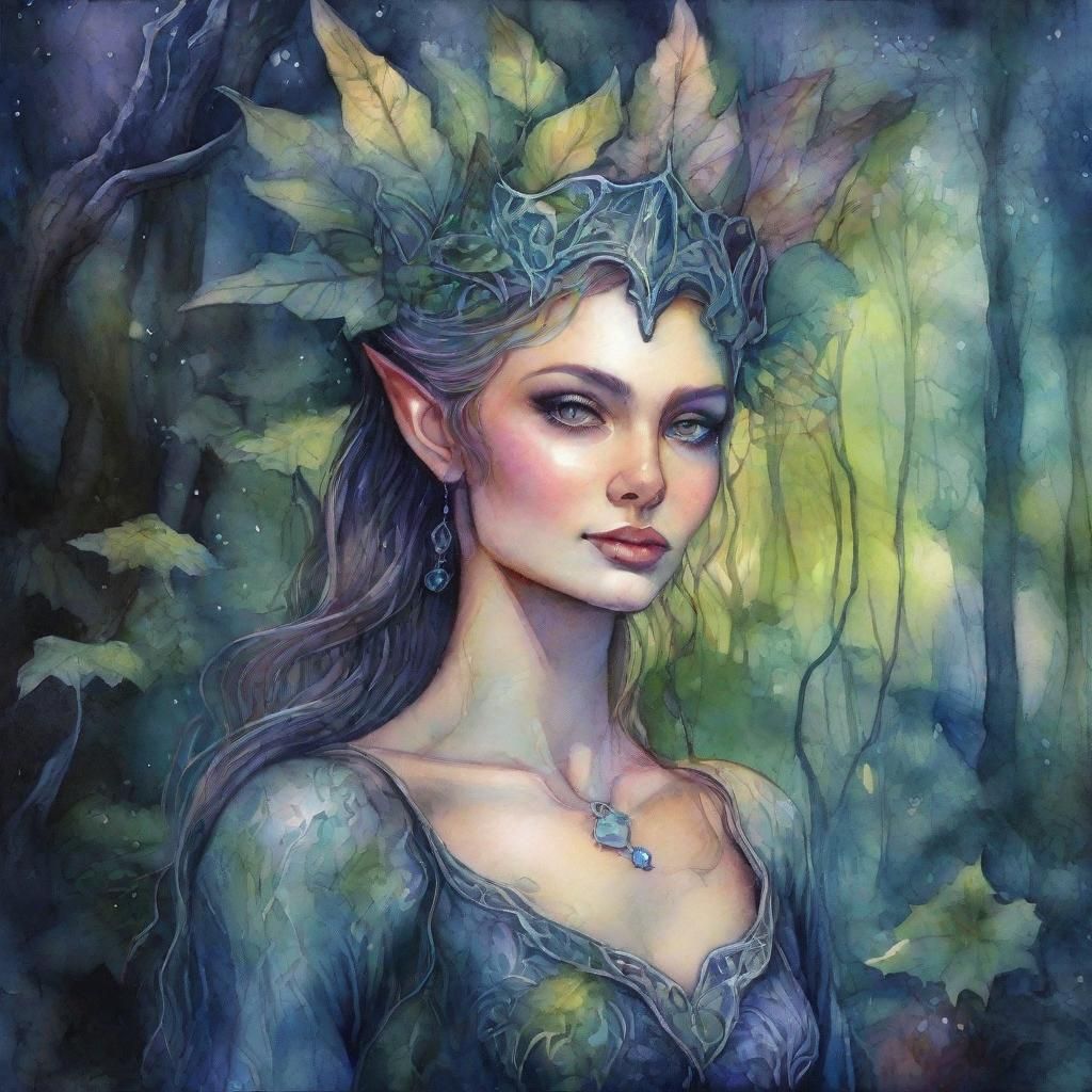 Enchanted Elf in Dark Forest: Macabre Watercolor