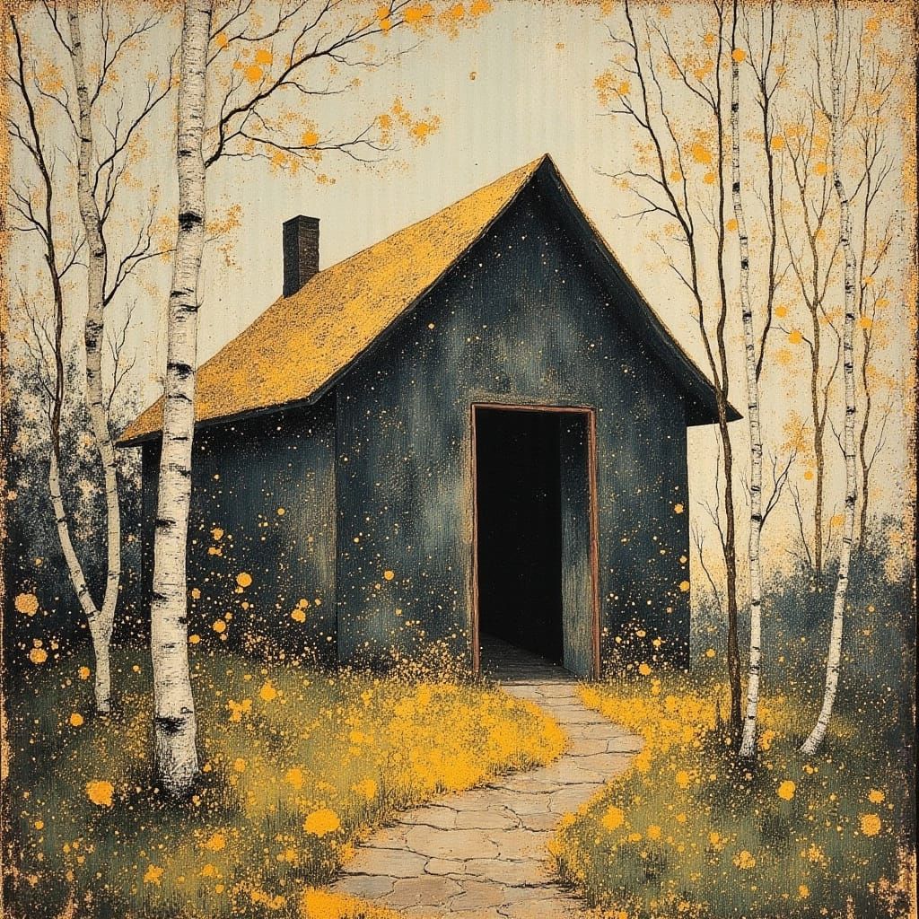 Cozy Birch Grove Hut: A Serene Landscape Painting