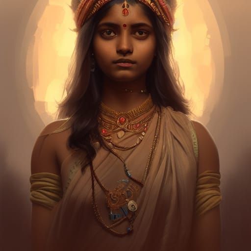 Detailed Portrait of Indian Girl in Art Nouveau Style