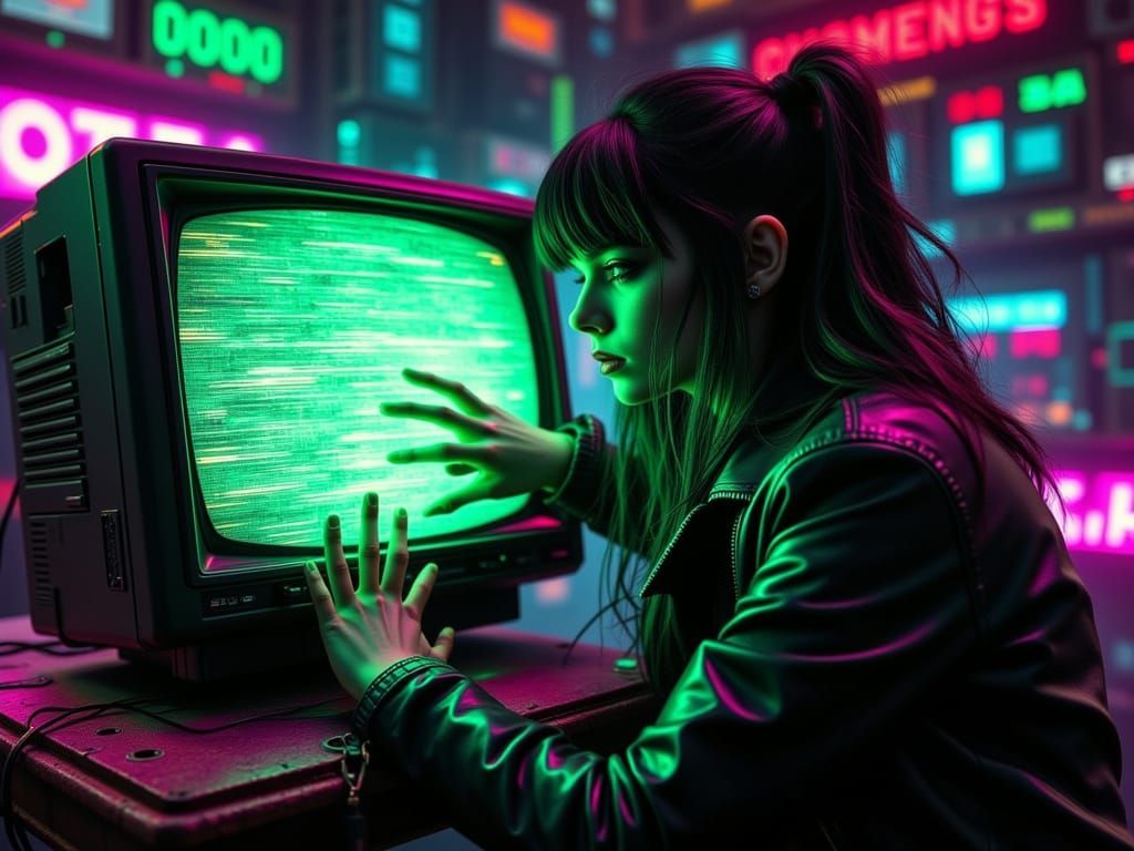 Glitch Punk Girl Emerges from Vintage TV