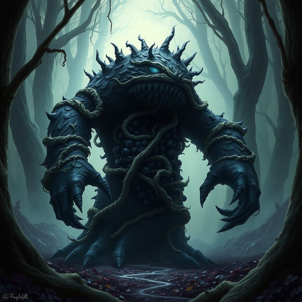 Dark Whimsy Blackberry Beast Emerges from Mysterious Forest