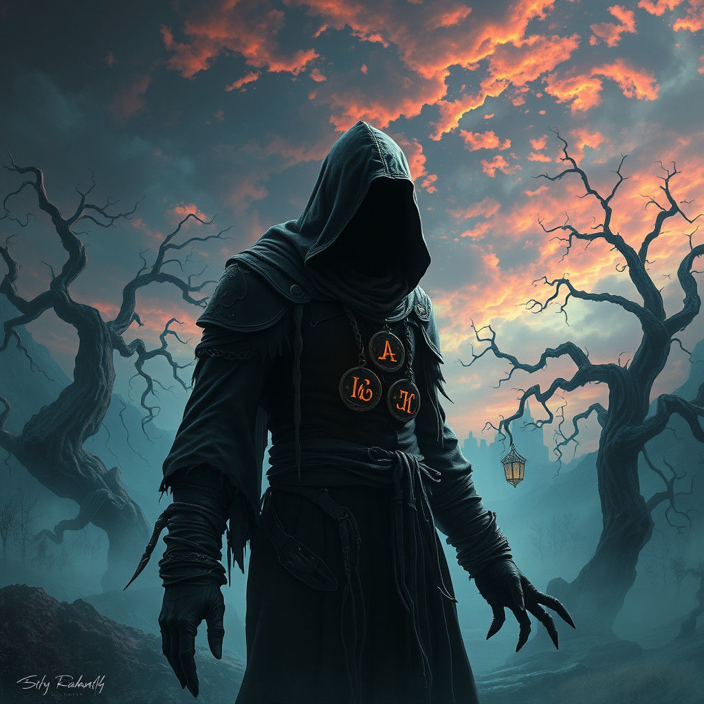 Ethereal Hooded Figure in Dreamlike Landscape