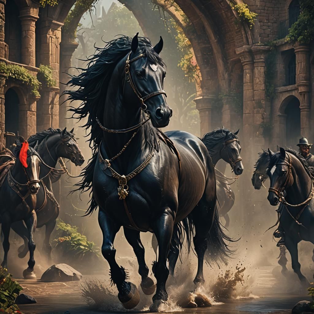 Portrait of a Majestic Black Stallion in Detailed Matte Pain...