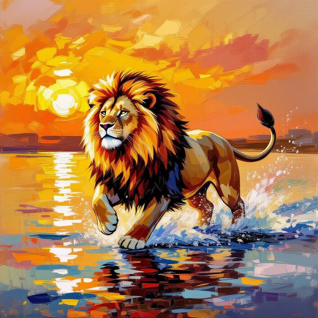 Majestic Lion Dances on Water at Sunset, Impasto Oil Paintin...