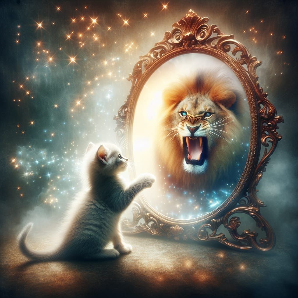 Kitten's Fantasy: Lion Reflection in Ornate Mirror