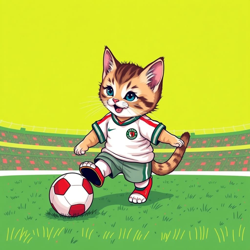 Whimsical Kitten Plays Soccer in Vibrant Stadium