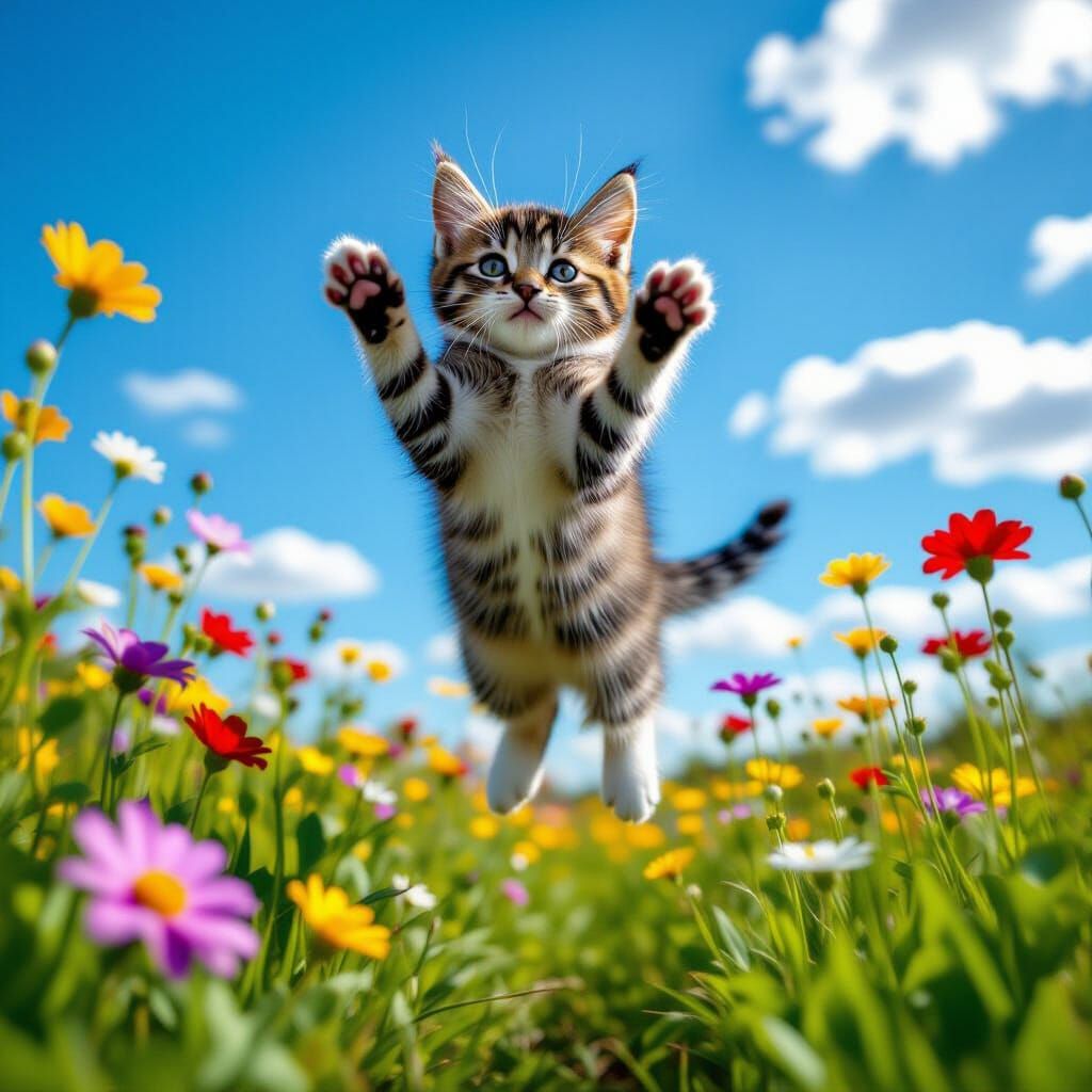 Playful Kitten Leaping in Wildflower Field Under Blue Sky
