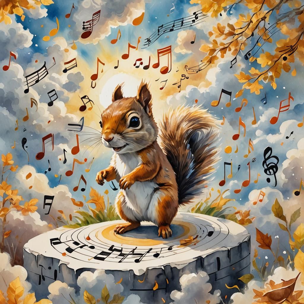 Squirrel Dances in Musical Sunshine: Gouache Watercolor