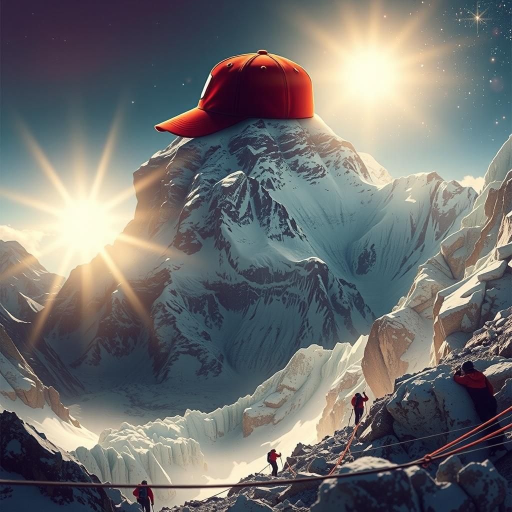 Mount Everest with Crimson Baseball Cap in Sunlight