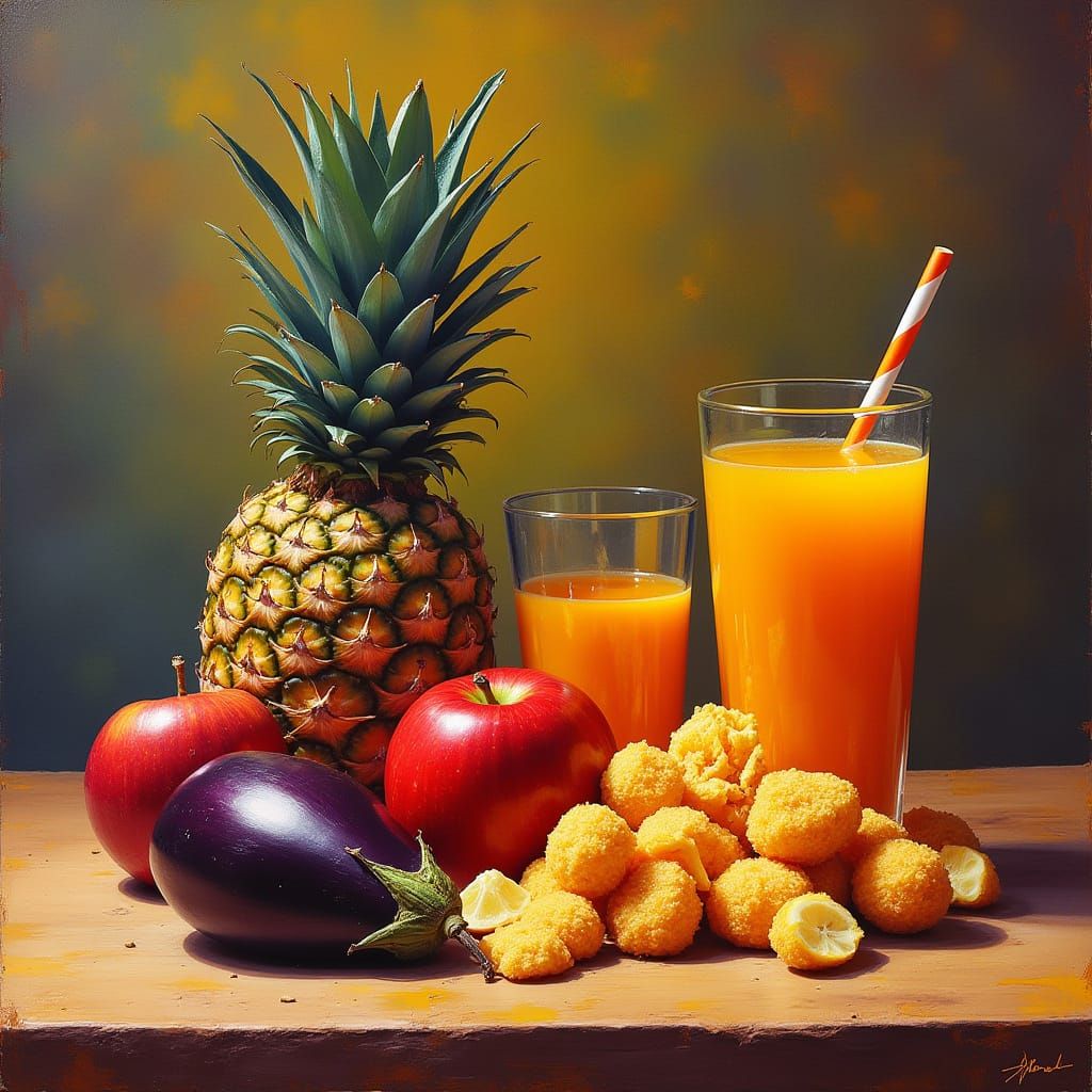 Bold Still Life of Fruits and Snacks in Vibrant Colors