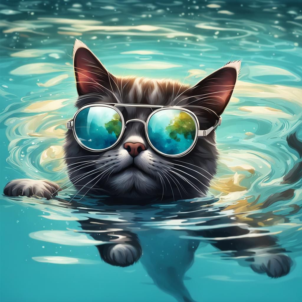 Cute Cat Swimming in Pool with Sunglasses