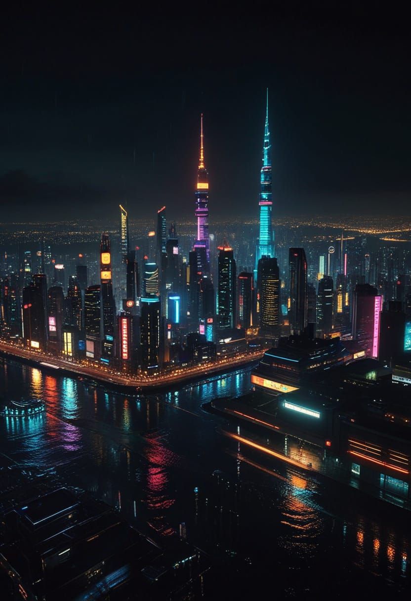 Cyberpunk Cityscape at Night with Neon Holograms