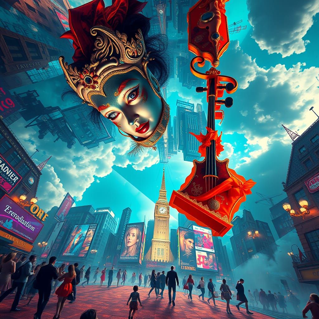 Upside-Down Cityscape in Vibrant Colors and Intricate Detail...